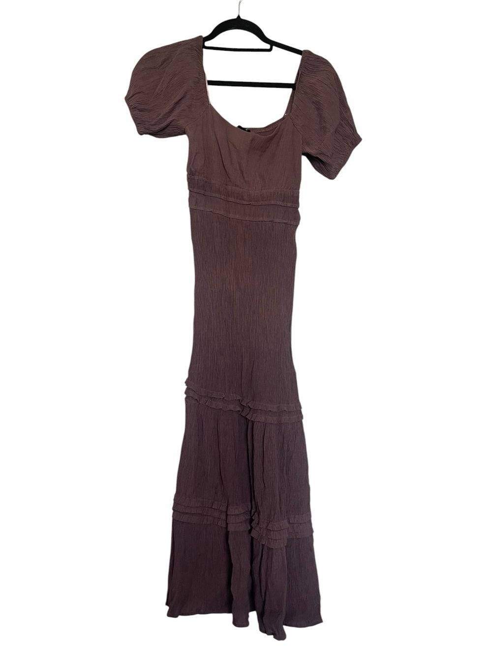 Boho Brown Maxi Dress with Puff Sleeves and Tiered Skirt